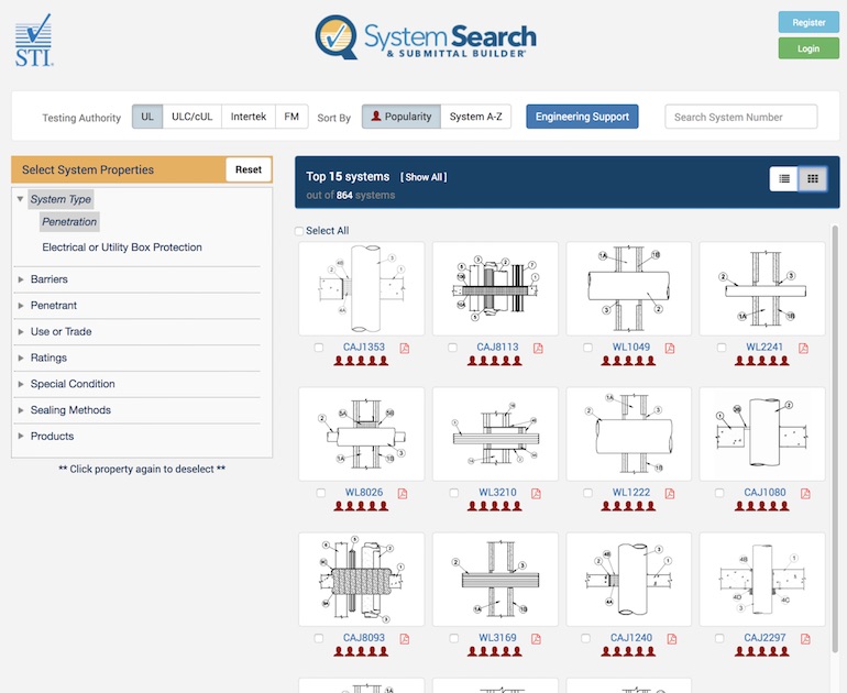 Specified Systems STI Firestop Systems Search and Submittal Builder System List Visual Grid